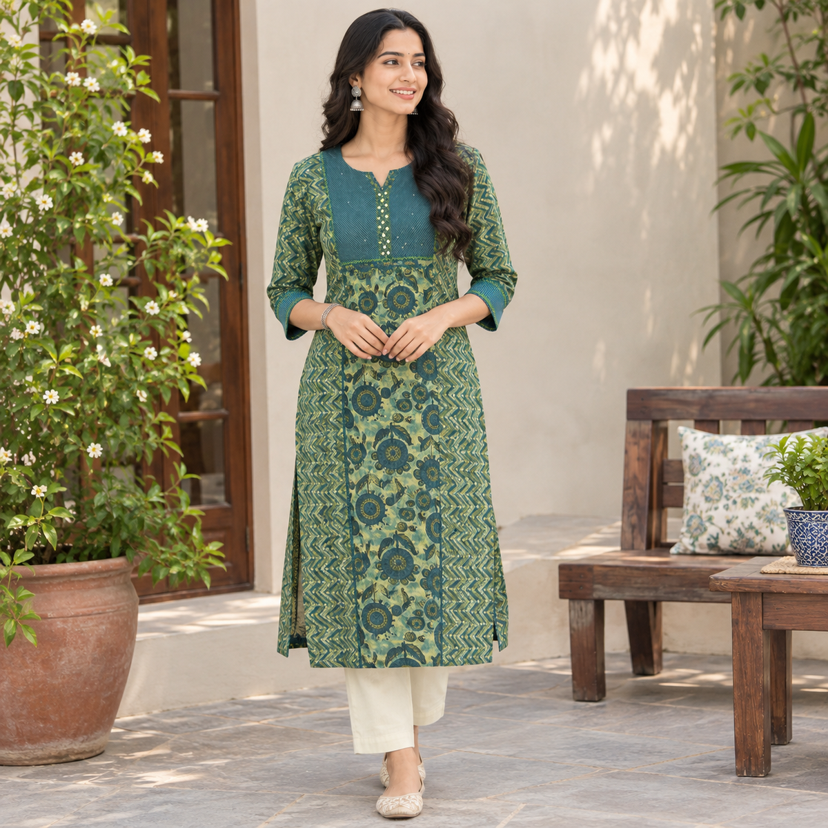 Anvita Green Cotton Printed Kurti | Elegant Ethnic Wear