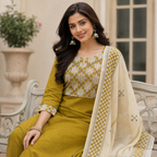 Anvita (Anaya) Mustard Olive Kurta Pant Set with Geometric Yoke and Cream Dupatta