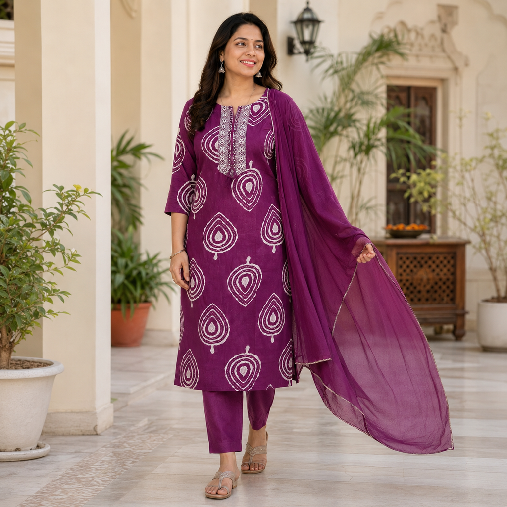 Revanta Wine Red Rayon Printed Kurta Pant Set with Embroidered Mirror Work Yoke & Chiffon Dupatta