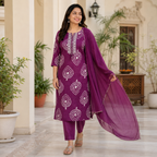 Revanta Wine Red Rayon Printed Kurta Pant Set with Embroidered Mirror Work Yoke & Chiffon Dupatta
