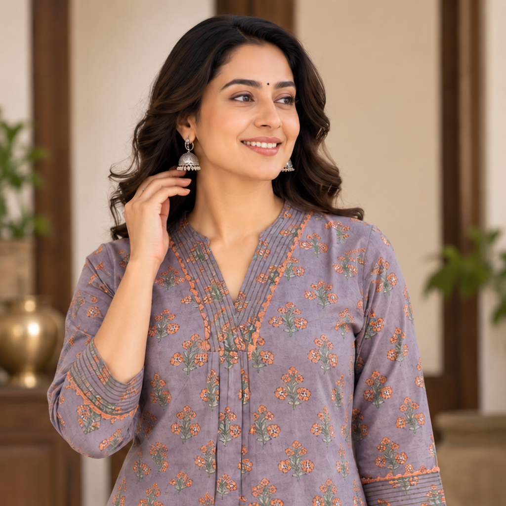 Anvita Lavender Grey Floral Cotton Printed Kurta with Pintuck V-Neck Detail