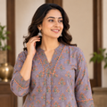 Anvita Lavender Grey Floral Cotton Printed Kurta with Pintuck V-Neck Detail
