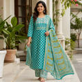 Revanta Teal Paisley Print Cotton Kurta Pant Set with Mirror Work & Dupatta