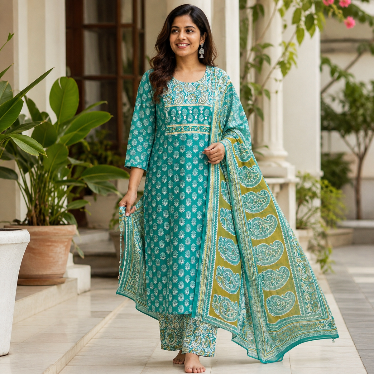 Revanta Teal Paisley Print Cotton Kurta Pant Set with Mirror Work & Dupatta