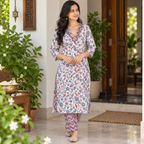 Revanta Soft Cotton Floral Printed Kurta Set with Chevron Neck, Lining & Matching Pants