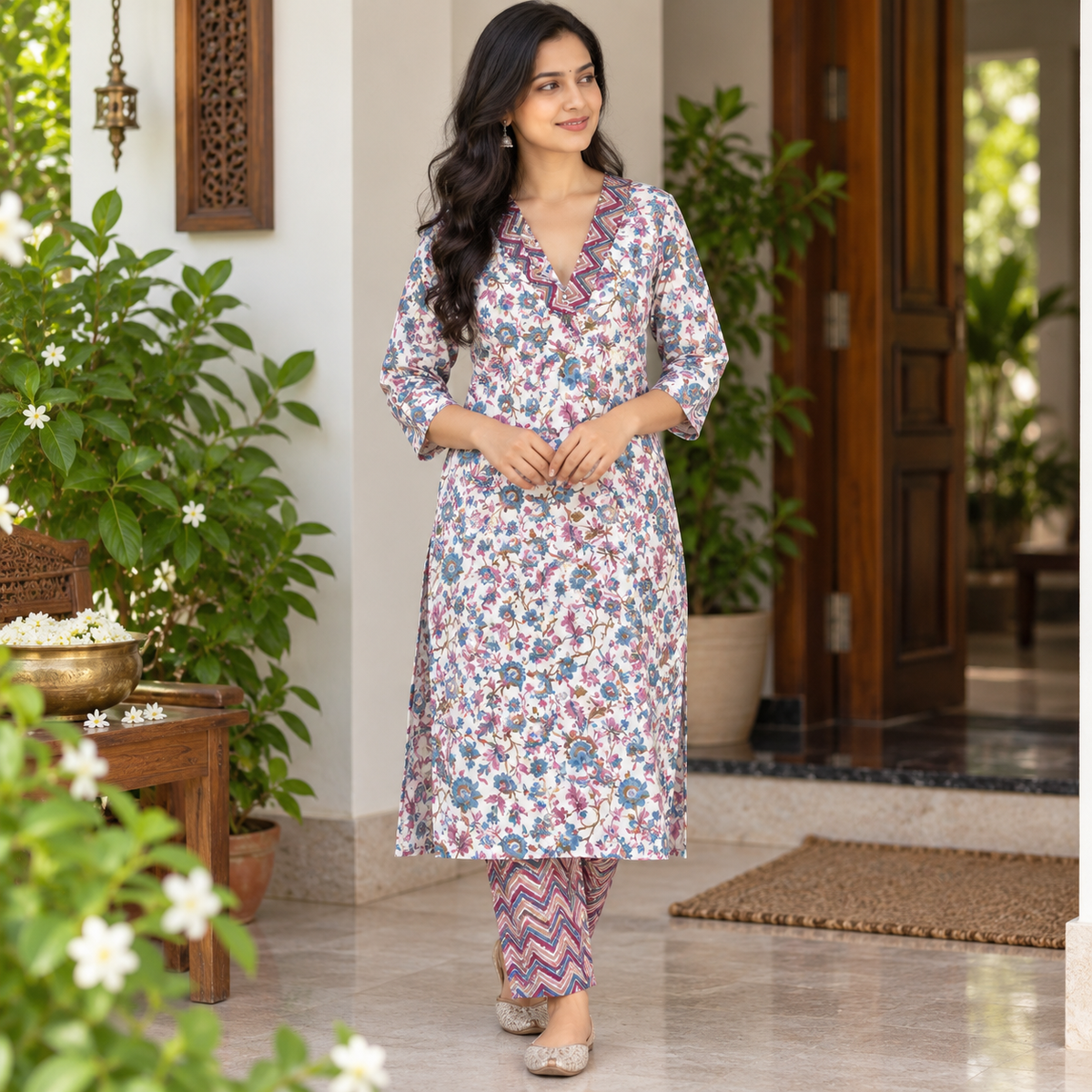 Revanta Soft Cotton Floral Printed Kurta Set with Chevron Neck, Lining & Matching Pants