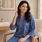 Anvita Blue & Pink Geometric Print Kurta Pant Set-Handloom Cotton