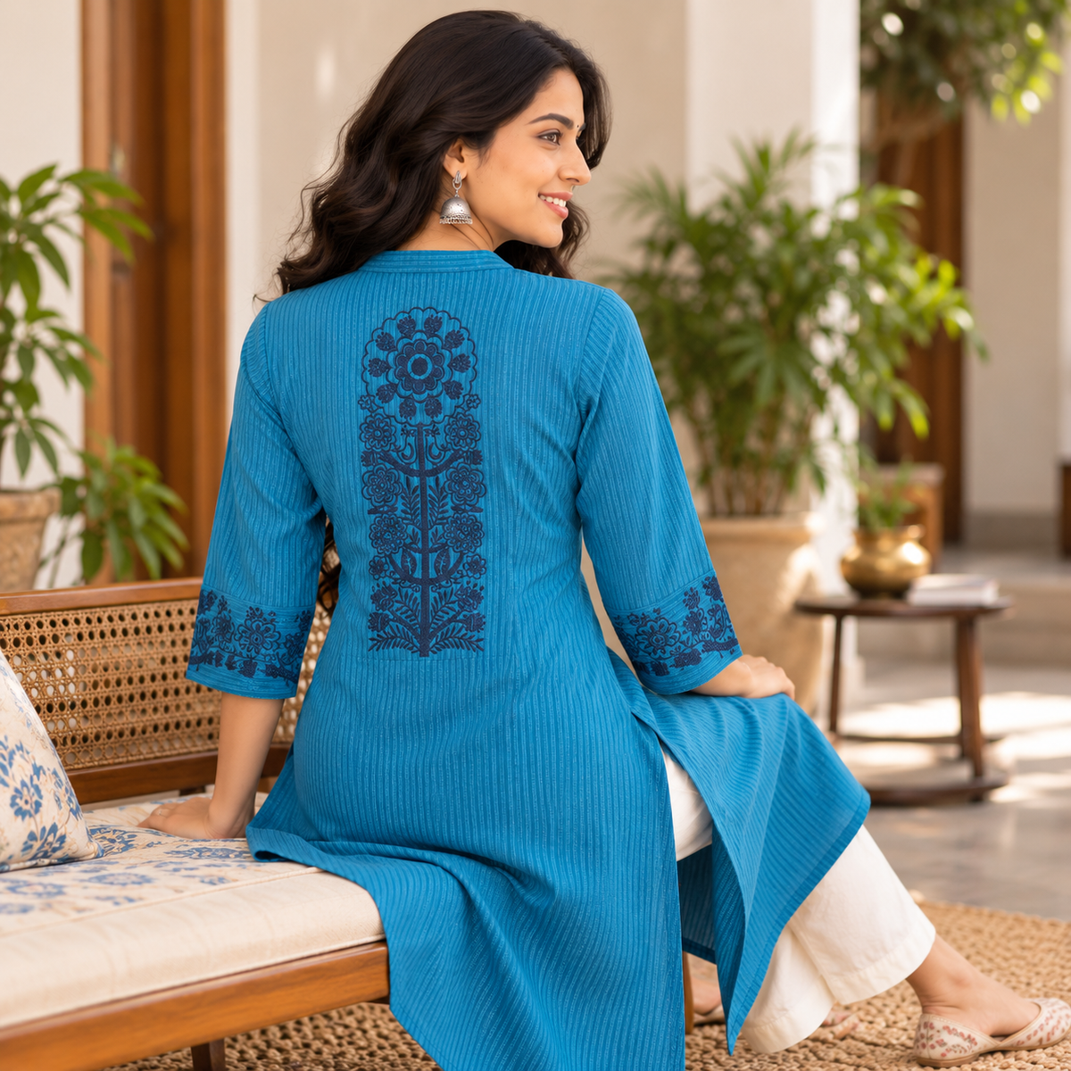 Anvita Teal Blue Striped Kurta with Embroidered Sleeves & Back Design