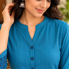 Anvita Teal Blue Striped Kurta with Embroidered Sleeves & Back Design