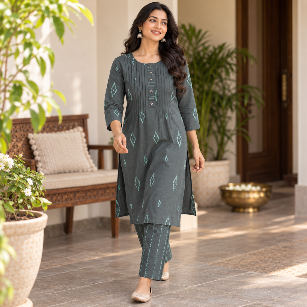 Anvita Women’s Charcoal Grey Cotton Kurta with Geometric Print & Pleated Button Yoke