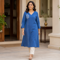 Anvita Royal Blue Cotton Kurti with Sequin-Accented V-Neck and Intricate Silver & Blue Embroidery