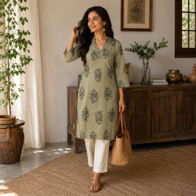 Revanta Light Olive Green Cotton Kurti -VNeck & traditional Motiffs
