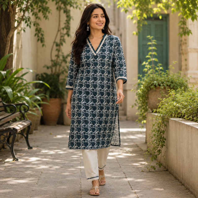 Anvita Teal Textured Patterned Kurta – V-Neck with Shell Detail – Sophisticated Daily Ethnic Wear