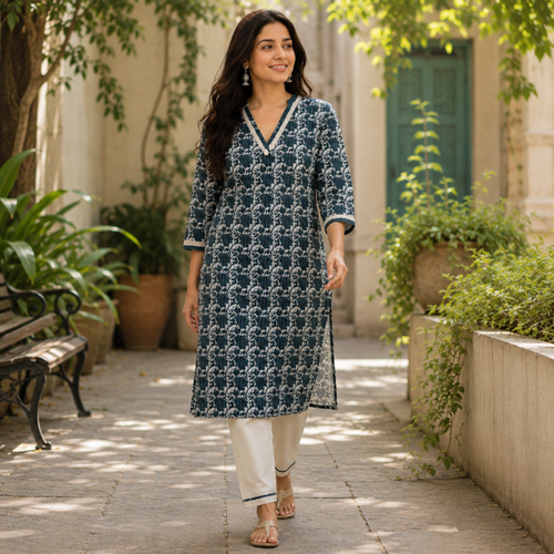 Anvita Teal Textured Patterned Kurta – V-Neck with Shell Detail – Sophisticated Daily Ethnic Wear