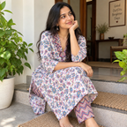 Revanta Soft Cotton Floral Printed Kurta Set with Chevron Neck, Lining & Matching Pants