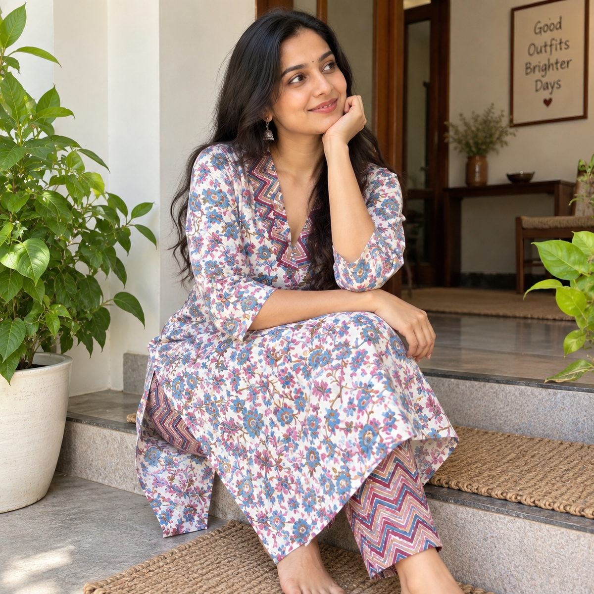 Revanta Soft Cotton Floral Printed Kurta Set with Chevron Neck, Lining & Matching Pants