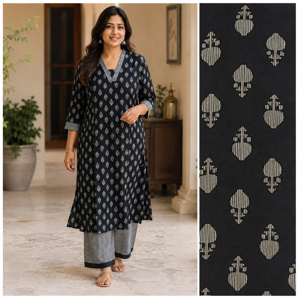 Anvita Black Printed A-Line Kurta Co-Ord Set with Contrast Patterned Palazzos
