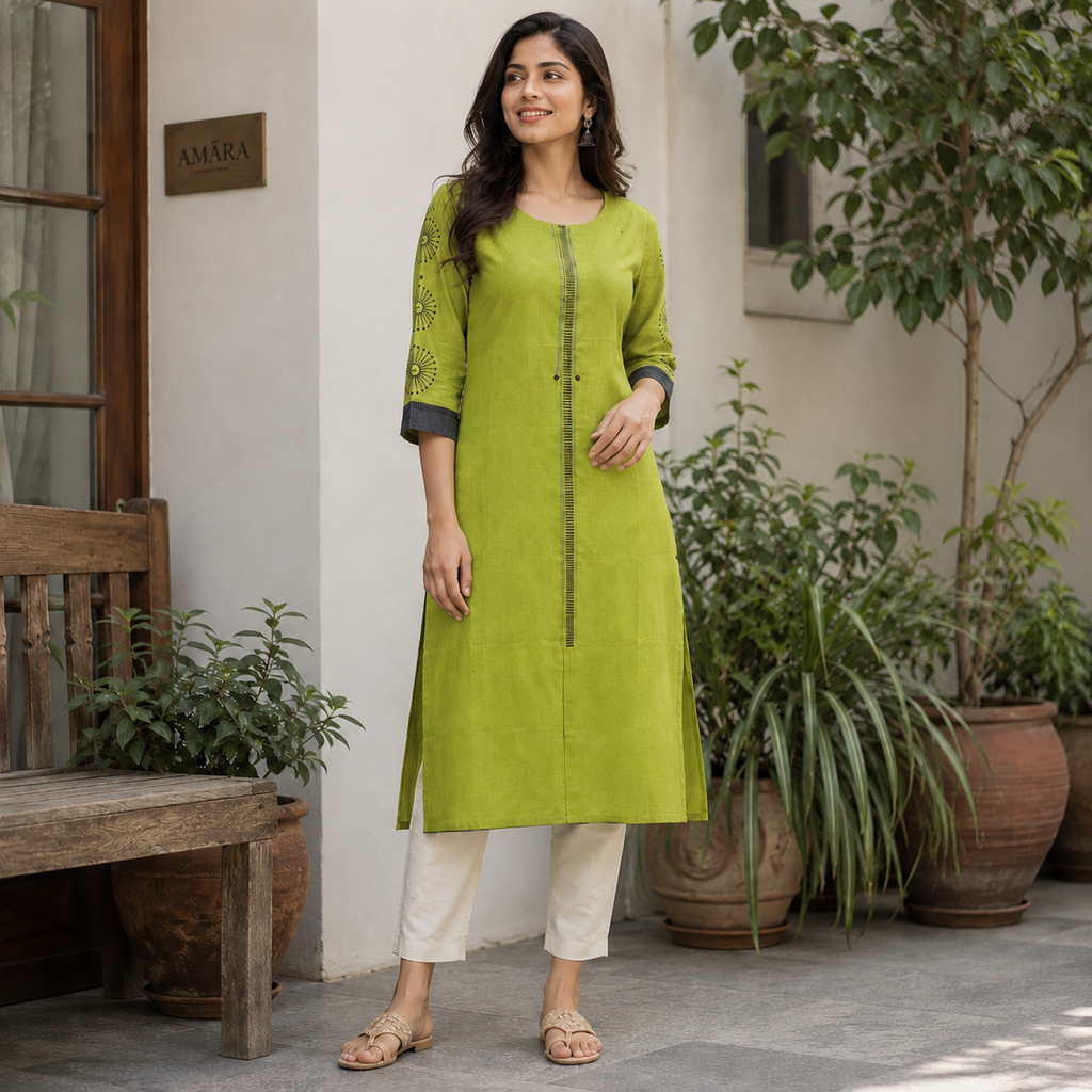 Anvita Lime Green Straight Kurta with Contrast Sleeves and Front Stripe Design