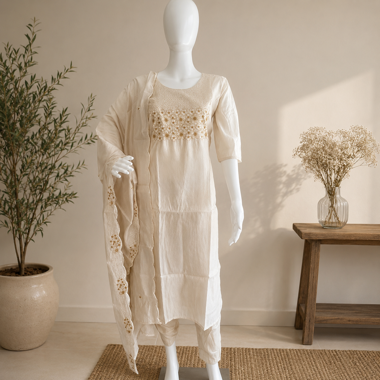 Revanta Cream Muslin Silk 3-Piece Suit – Embroidered & Sequined Yoke with Scallop Cutwork Dupatta – Elegant Festive Wear