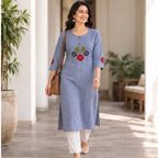 Anvita Blue Striped Kurta with Floral Appliqué Embroidery
