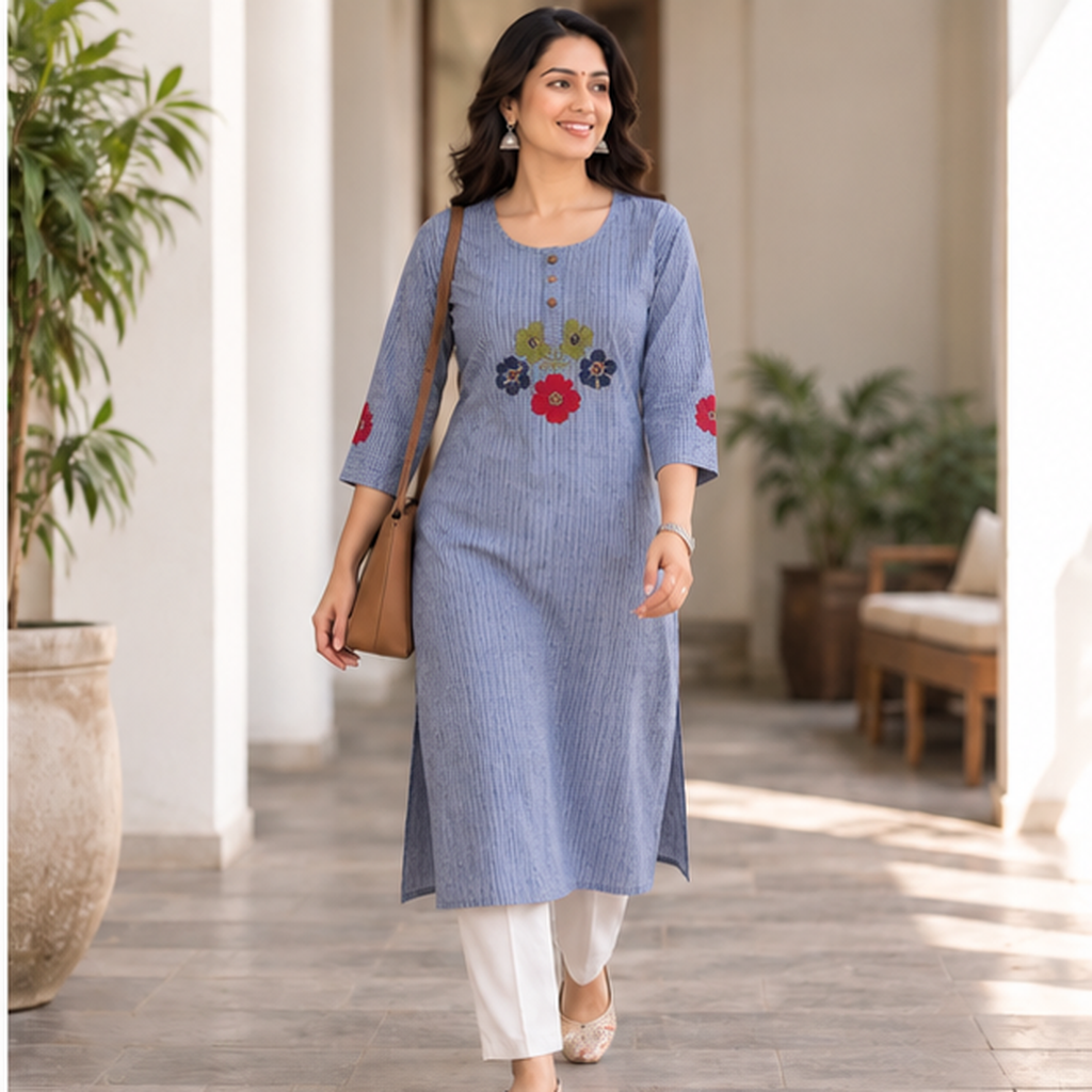 Anvita Blue Striped Kurta with Floral Appliqué Embroidery