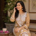 Revanta Premium Camel Brown Rayon Chikankari White Embroidered Kurta Pant Set