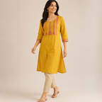 Anvita Yellow Cotton Kurta – Vibrant Pink Embroidered Yoke & Keyhole Detail – Elegant Ethnic Wear