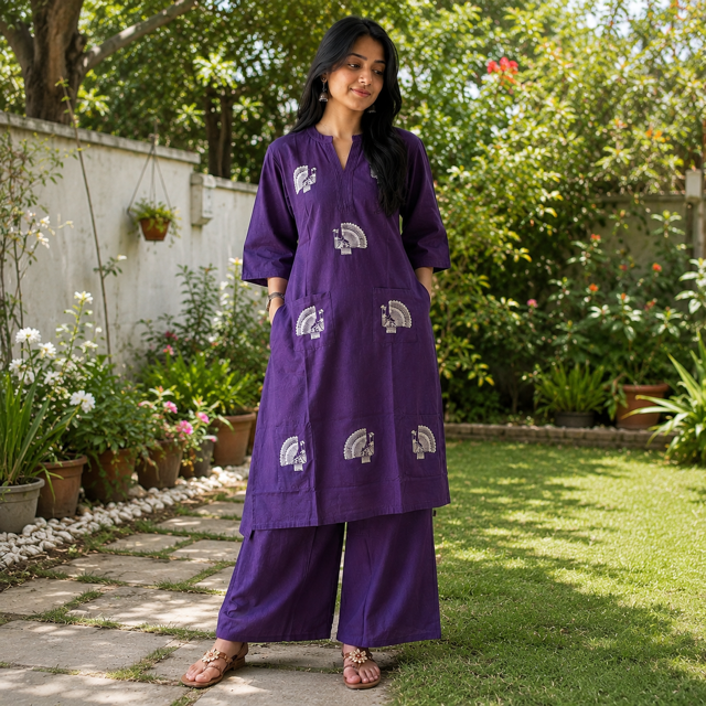 Deep Purple Cotton Kurta & Palazzo Set – Artistic Peacock Motif Detail – Elegant Ethnic Ensemble