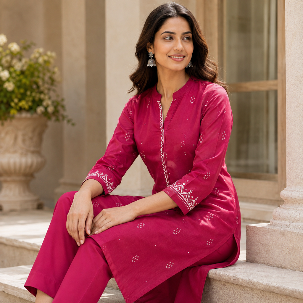 Anvita Magenta Embroidered Kurta Pant Set.