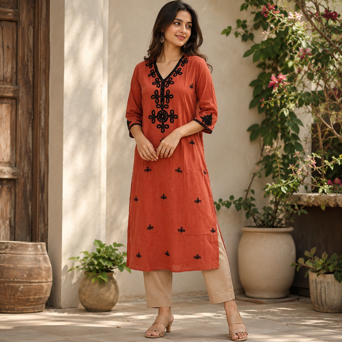 Revanta  Rust Orange Cotton Black Floral Embroidered V-Neck Straight Kurta