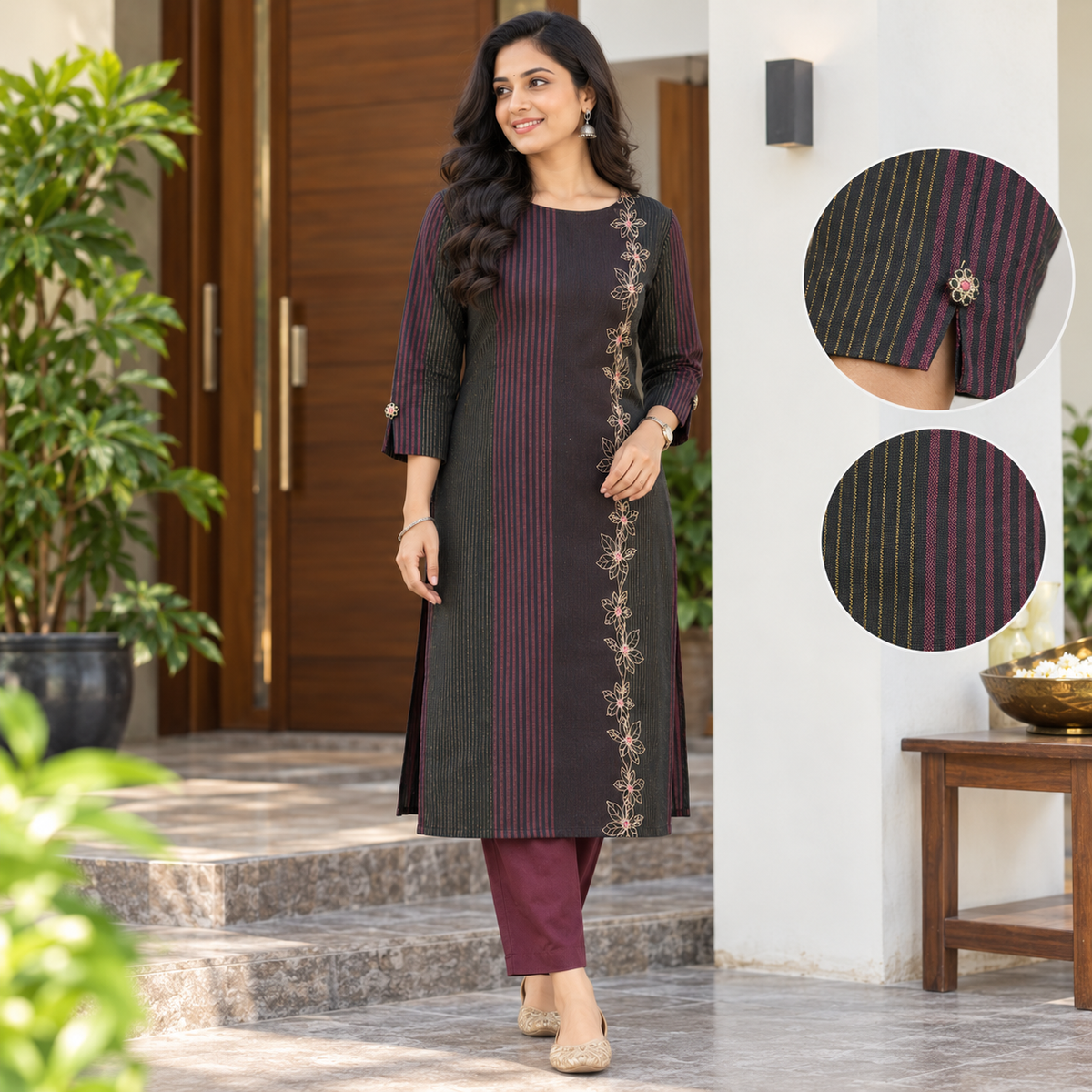 Anvita Black & Maroon Striped Embroidered Cotton Kurta | Floral Embroidery Kurti
