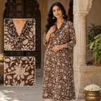 Anvita Chocolate Brown Floral Print A-Line Cotton Kurta