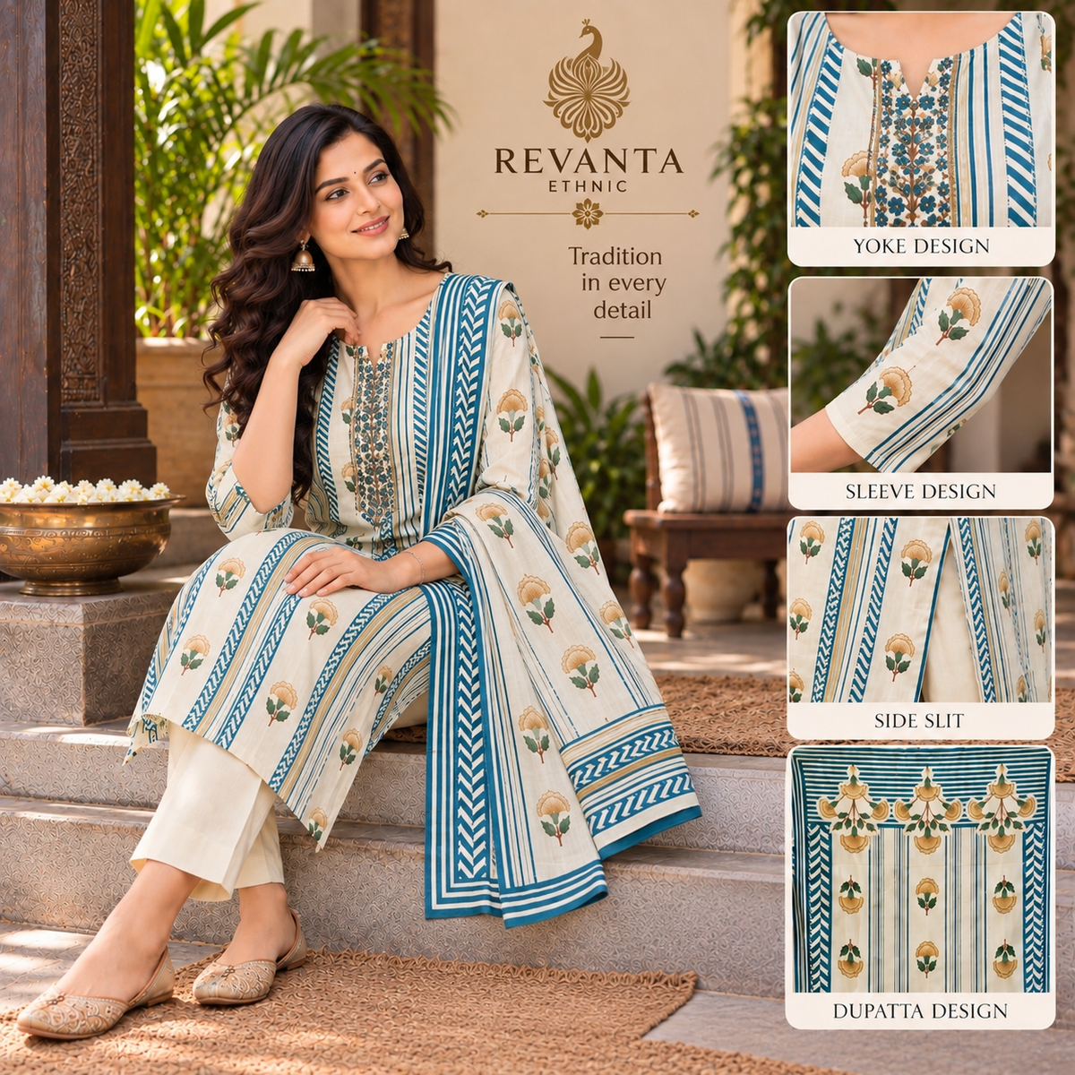 Revanta Cream & Teal Blue Cotton Kurta Set  | Floral Print & Embroidered Yoke