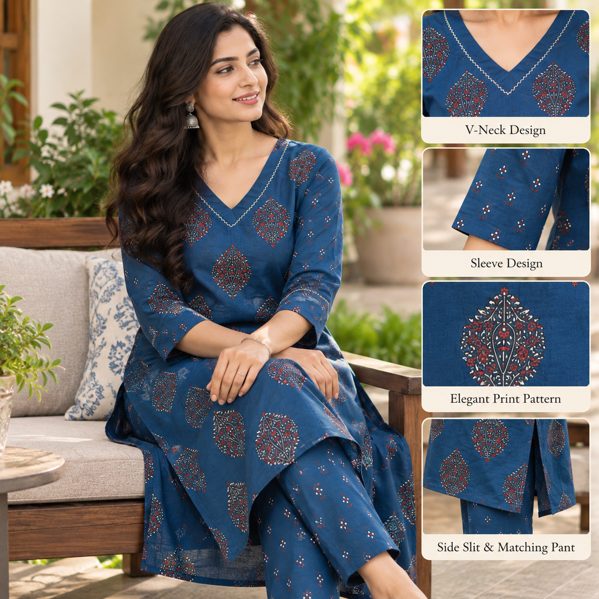 Anvita Blue Printed Cotton Kurta Pant Set with Contrast Border & Flared Sleeves