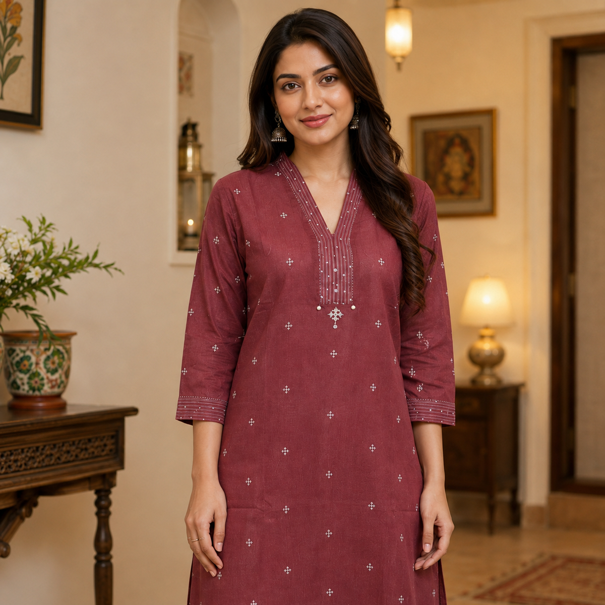 Anvita Maroon Kurta Pant Set with Embroidered V-Neck & Striped Pants