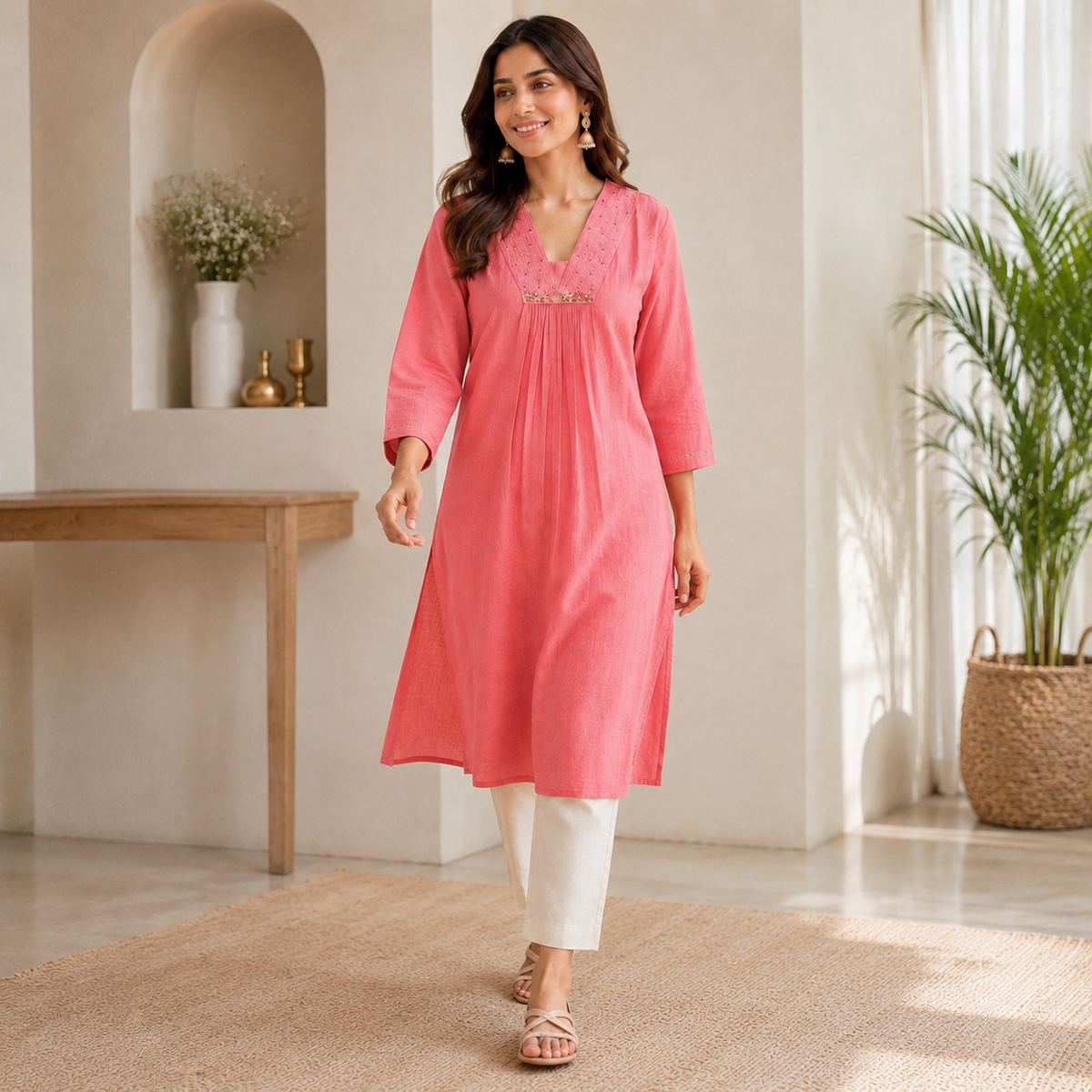 Anvita Collections Coral Pink Semi Raw Silk Embellished Yoke Kurta
