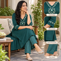 Anvita Forest Green Embroidered Cotton Kurta with Striped Pants | Ethnic Wear Set