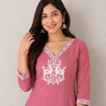 Revanta Dark Peach Vertican Kurta Palazzo Set Featuring V-Neck and Elegant Embroidery on the Neck, Body & Sleeves