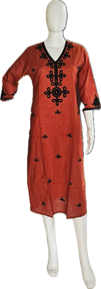 Revanta  Rust Orange Cotton Black Floral Embroidered V-Neck Straight Kurta