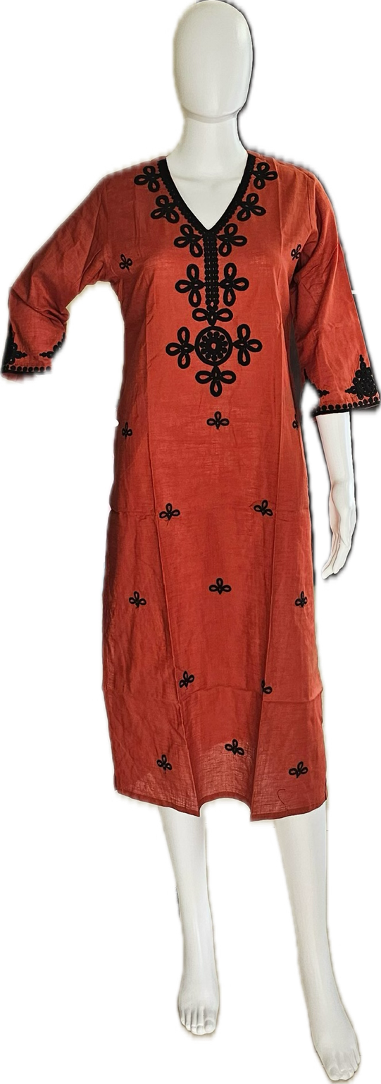 Revanta  Rust Orange Cotton Black Floral Embroidered V-Neck Straight Kurta