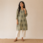 Revanta Light Olive Green Cotton Kurti -VNeck & traditional Motiffs