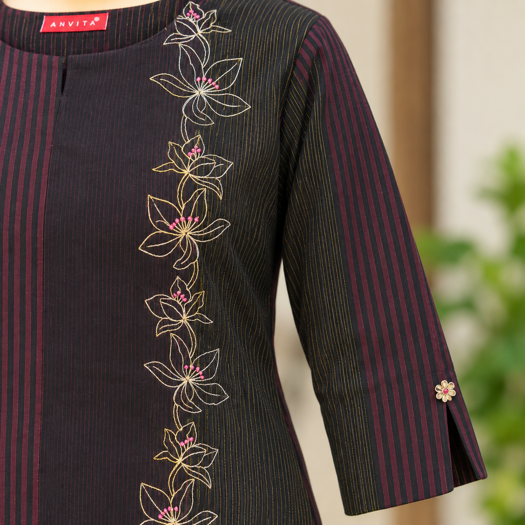 Anvita Black & Maroon Striped Embroidered Cotton Kurta | Floral Embroidery Kurti