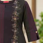 Anvita Black & Maroon Striped Embroidered Cotton Kurta | Floral Embroidery Kurti