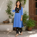 Revanta Blue Kurta Set with Embellished Floral Yoke & Printed Pants