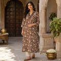 Anvita Chocolate Brown Floral Print A-Line Cotton Kurta