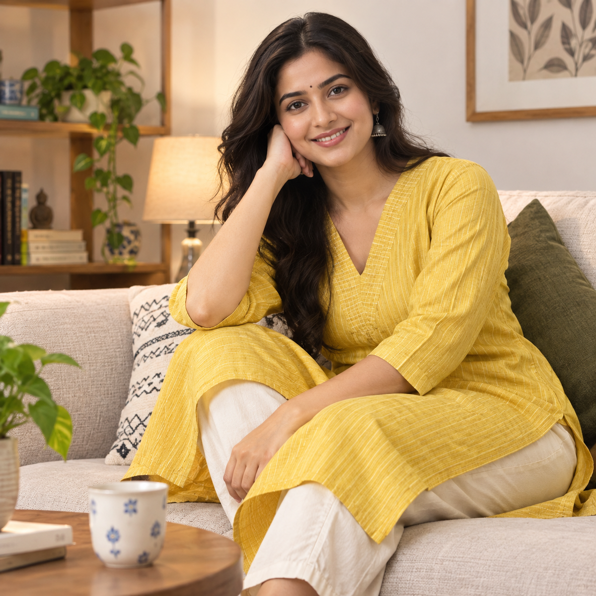 Revanta Mustard Yellow cotton Kurta with Stripe V Neck & lining