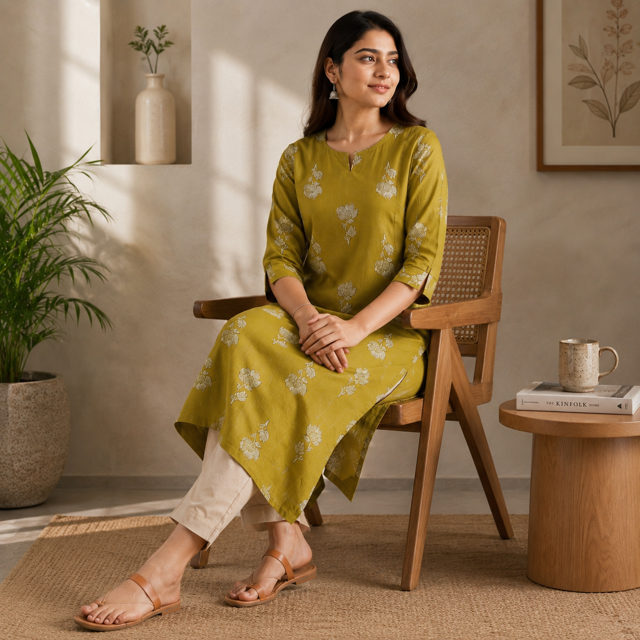 Anvita Mustard Yellow A-Line Cotton Kurti – Floral Motif Detail & Functional Side Slit Pockets – Elegant Ethnic Wear