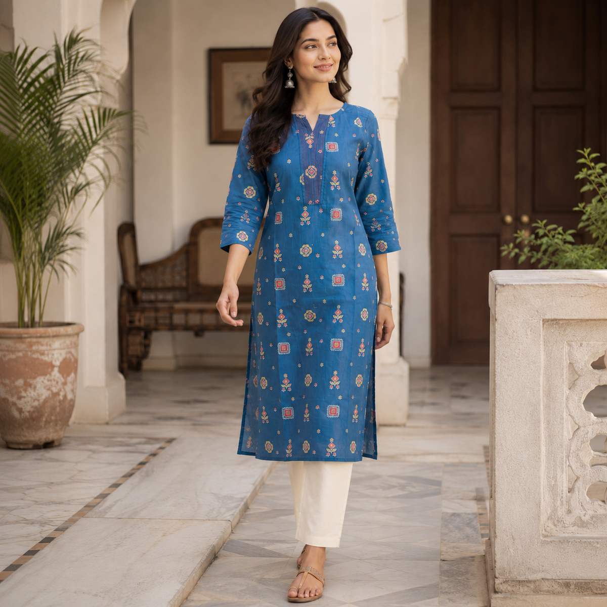 Revanta Teal Blue Printed Straight Cotton Kurta with Yoke Detail & Lining