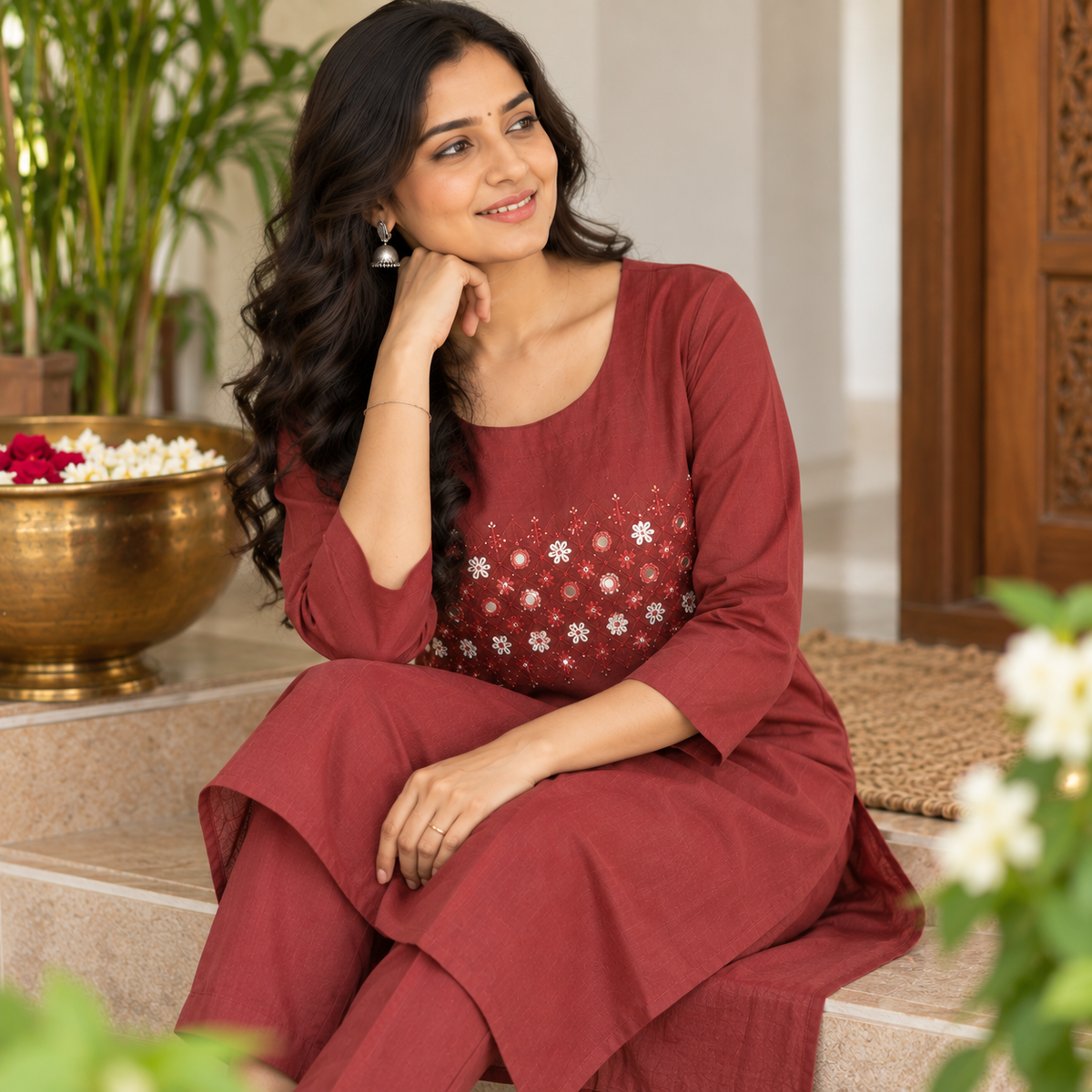 Revanta Maroon Cotton Co-Ord Set with Hand Embroidery & Mirror Work