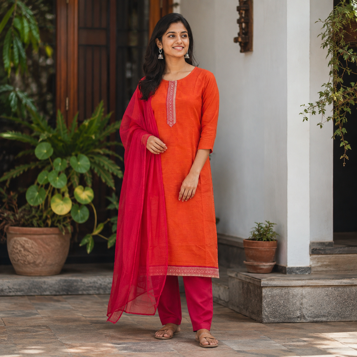 Revanta Orange & Magenta Cotton Kurta Pant Set with One-Sided Dupatta